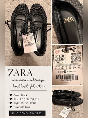 ZARA Black Woven Strap Ballet Flats with Ankle Tie